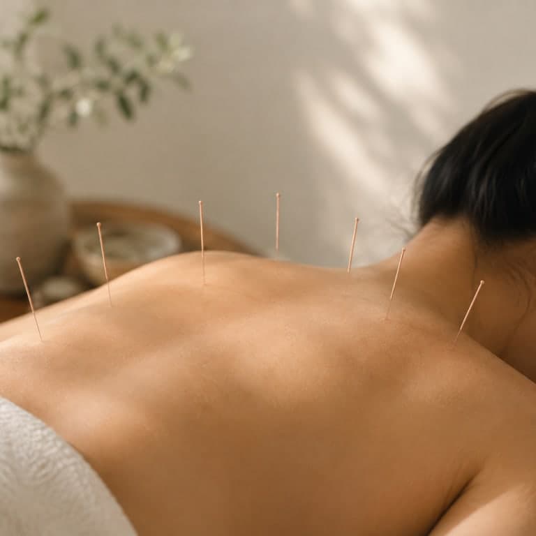 Acupuncture needles placed on a client's back